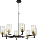 9MMML 8 Lights Black and Gold Chandelier, Modern Glass Ceiling Chandelier Light Fixture, Large Ceiling Hanging Light for Dining Room, Living Room, Bedroom, Kitchen, Over Table, Foyer, E26 Base