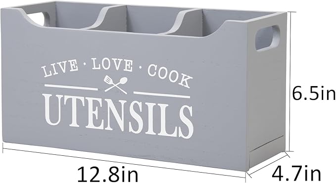 Kitchen Utensil Holder with Drainage Bottom, Large 3 Compartments Solid Real Wood Utensil Organizer for Kitchen Counter, Farmhouse Cooking Tools Storage for Countertop, Gray
