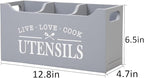 Kitchen Utensil Holder with Drainage Bottom, Large 3 Compartments Solid Real Wood Utensil Organizer for Kitchen Counter, Farmhouse Cooking Tools Storage for Countertop, Gray
