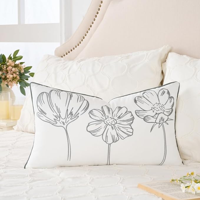 Sunkifover Decorative Lumbar Pillow Cover 14x24 Inch Grey and White Cotton Embroidery Cute Flower Throw Pillowcase Cushion Cover for Bed Bedroom, Living Room, Sofa