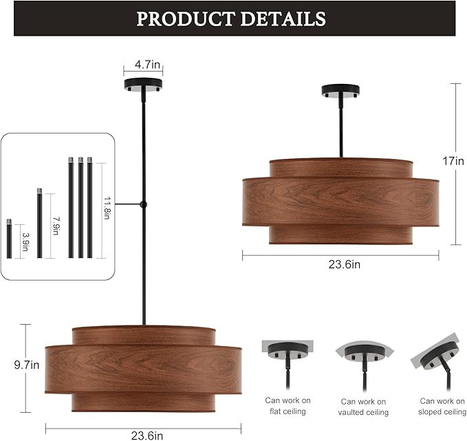Farmhouse 23.6" Large Drum Wooden Chandelier Vintage 6-Lights Chandelier with Wooden Finish Linen Shade Modern Retro Drum Chandeliers for Dining Room, Kitchen Island, Living Room, Bedroom