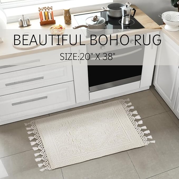 Savi Home Cotton Woven Jacquard Bathroom Rug, Woven Fringe Bathroom Mats, 100% Cotton, Non - Slip Bath Mat, Durable Thick Bath Mat 20”x38” with Fringes, Ivory