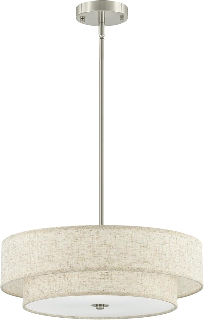 VONLUCE Modern Chandeliers, 18" Drum Chandeliers with 2-Layer Fabric Shade, 4-Light Pendant Light Fixture with E26 Base, Light Fixture for Dining Room Bedroom Living Room, Linen Shade & Nickel Finish