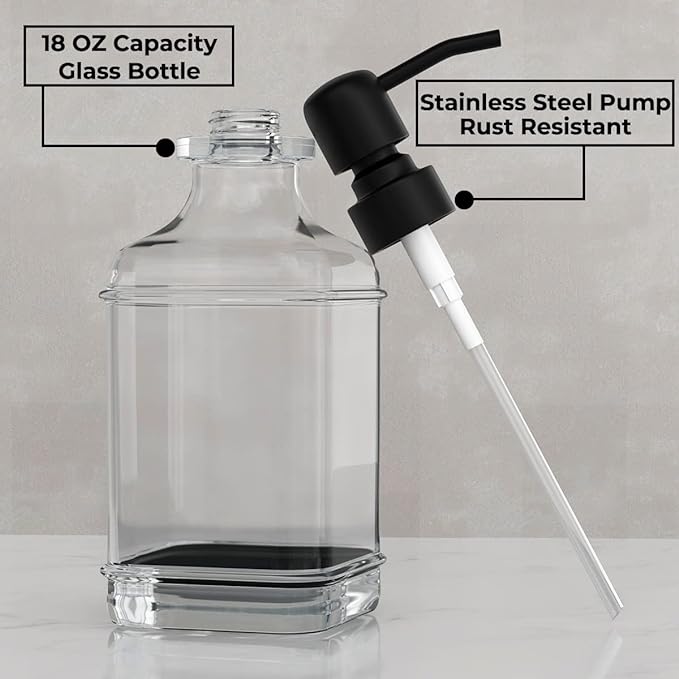 GLADPURE 2 Pack Soap Dispenser, 18 Oz Antique Design Thick Glass Hand Dispensers; with 304 Rust Proof Stainless Steel Pump, 6Pcs Clear Stickers, for Kitchen, Bathroom- Black