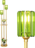 HMVPL Gold Floor Lamp for Living Room, Vintage Floor Lamp with Wood Shelf, Mid Century Standing Lamp with Table, Modern Tall Lamp with Green Crystal Shade, On/Off Switch, Boho Corner Lamp for Bedroom