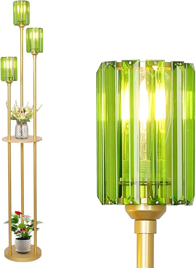 HMVPL Gold Floor Lamp for Living Room, Vintage Floor Lamp with Wood Shelf, Mid Century Standing Lamp with Table, Modern Tall Lamp with Green Crystal Shade, On/Off Switch, Boho Corner Lamp for Bedroom