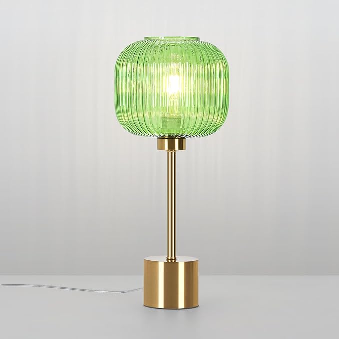 Green Glass Table Lamp with 3 Way Dimmable and Touch Control, Mid Century Modern Vintage Bedside Table Lamp for Bedroom Living Room End Table