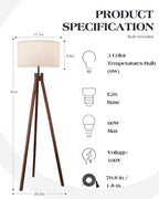 ELYONA Wood Tripod Floor Lamp, Mid Century Reading Standing Lamp with 3 Color Temperatures & Linen Shade, Modern Night Light for Bedroom, Farmhouse, Living Room, Office, 9W LED Bulb Included, Brown