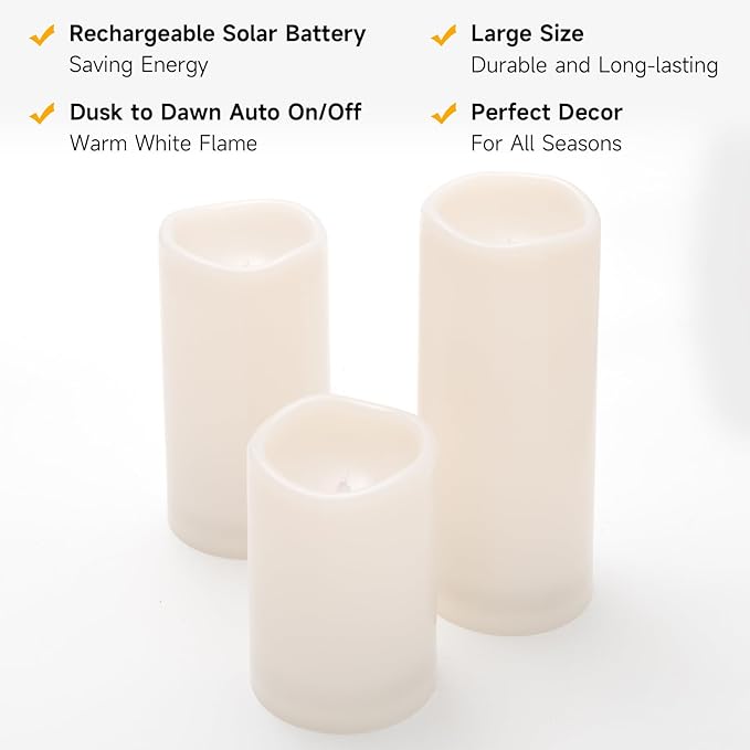 NURADA Large Outdoor Solar Candles Waterproof - 6" 8" 10" x 4" Rechargeable Solar Powered Flameless LED Pillar Flickering Candle for Patio Porch Lanterns Decor - Ivory White Set of 3