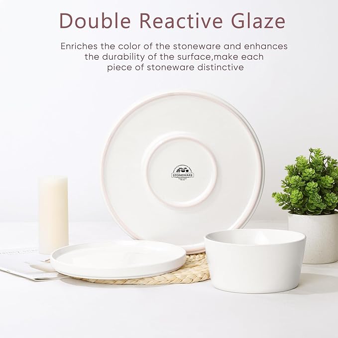 Herogo 12 Pieces Dinnerware Dishes Set for 4, Handmade Stoneware Dining Plates and Bowls Sets, Double Reactive Glaze, Microwave & Dishwasher Safe, Scratch Resistant, Speckled White