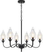 6-Light Farmhouse Black Chandelier 23.6 Inch - Rustic Industrial Iron Candle Hanging with Clear Glass Shades - Dining Room Lighting Fixture for Hallway, Living Room, Foyer, Bedroom,Kitchen Island