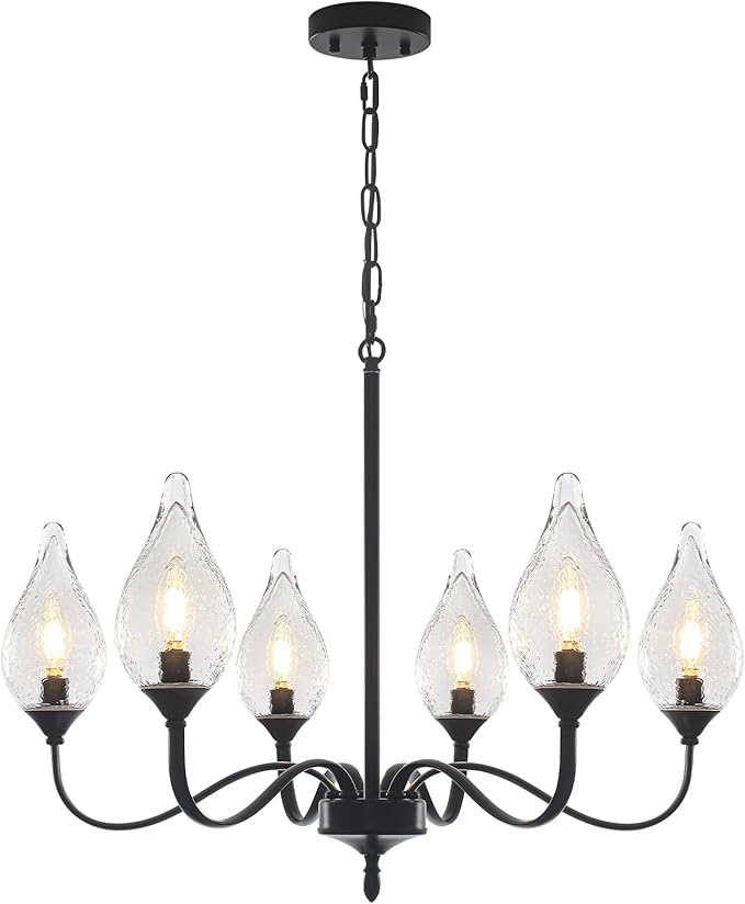 6-Light Farmhouse Black Chandelier 23.6 Inch - Rustic Industrial Iron Candle Hanging with Clear Glass Shades - Dining Room Lighting Fixture for Hallway, Living Room, Foyer, Bedroom,Kitchen Island