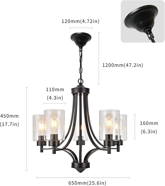 Contemporary Black Chandelier 5 Lights Farmhouse Dining Room Lighting Fixtures Hanging Bedroom Chandeliers with Clear Glass Shade Ceiling Pendant Light Black Foyer Light