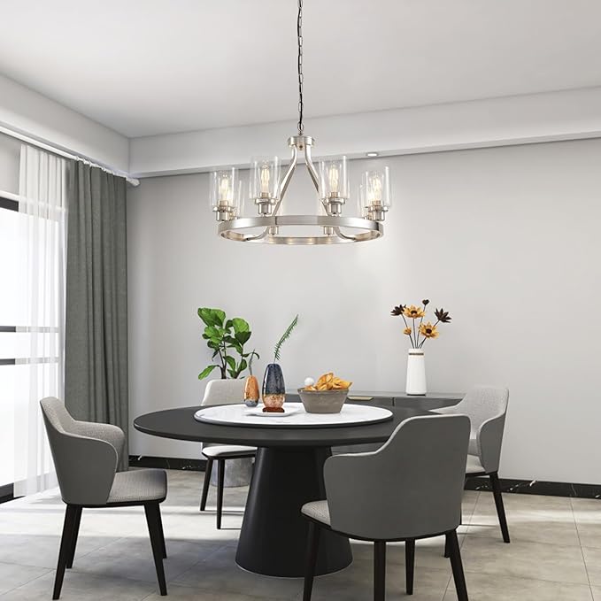 8-Light Modern Chandeliers for Dining Room Light Fixture Brushed Nickel Kitchen Chandelier Ceiling Hanging Pendant Lighting with Glass Shade for Living Room Entryway Adjustable Height E26