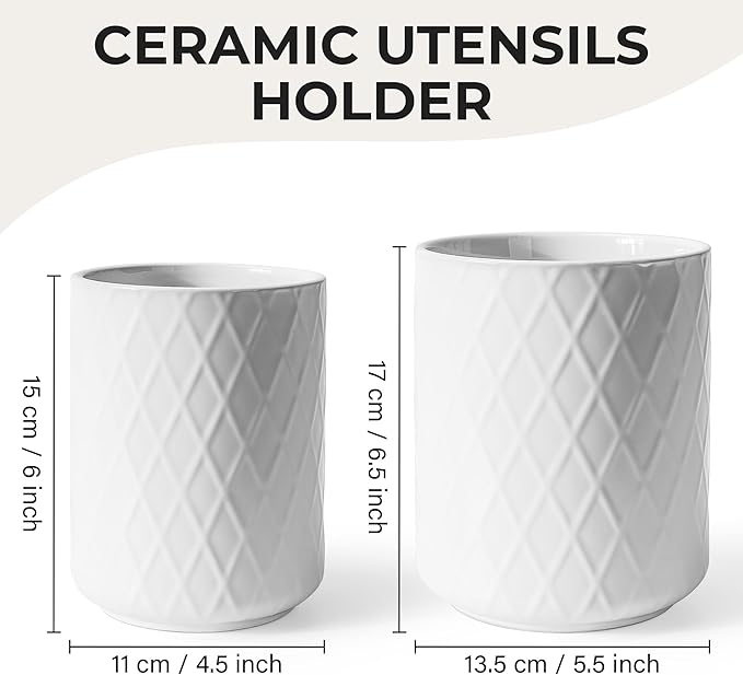 MIAMIO – Kitchen Utensil Holder Ceramic/Kitchen Organizer Set, Farmhouse Decor for Organizing Countertop and Storing Cutlery, Cooking Spoons, and Accessories - Palmanova Collection (White)