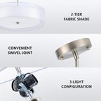 VONLUCE 3-Light Drum Chandeliers, 20" Pendant Light Fixture with 2-Layer Fabric Shade E26 Bases, Adjustable Swivel Joint Hanging Light Fixture for Bedroom Living Room Kitchen Hallway, Brushed Nickel