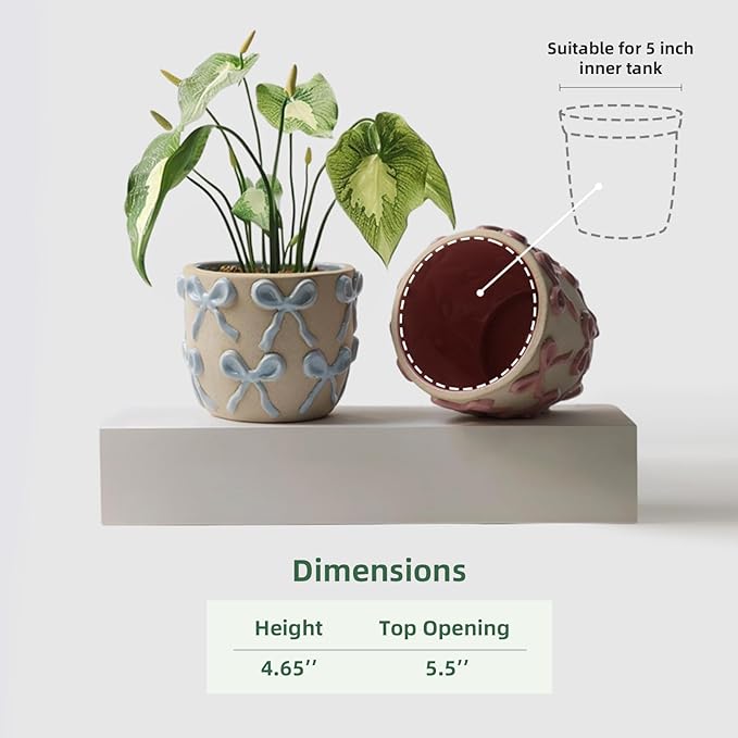 Ceramic Flower Pots for Indoor and Outdoor Plants, Succulent Orchid Round Clay and Terracotta Planter for Garden Home Modern Decoration 5.3 Inch (Blue Bow, Without Saucers)