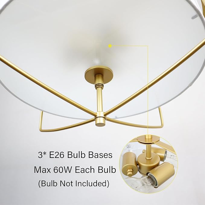 DAYCENT Modern Gold Pendant Light 3-Light Drum Shade Chandelier 16-Inch Brass Pendant Lighting with Drum Fabric Shade Hanging Light Fixture for Dining Room Living Room, Adjustable Height