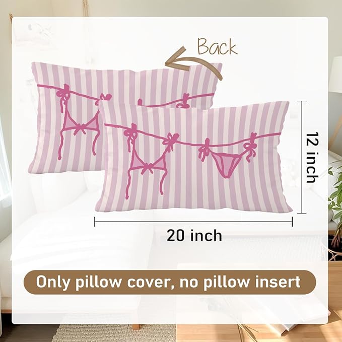 Beachy Throw Pillow Cover 12x20, Pink Coastal Room Decor, Trendy Indoor Outdoor Lumbar Pillow Cover, Preppy Bikini Prints Girls Room College Dorm Sofa Couch Decor