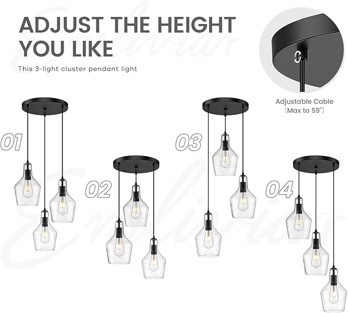 Emliviar 3-Light Chandelier Hanging Light Fixture, Modern Cluster Pendant Lighting for Kitchen Island with Clear Seeded Glass, Black Finish, DYE286G2-3 BK
