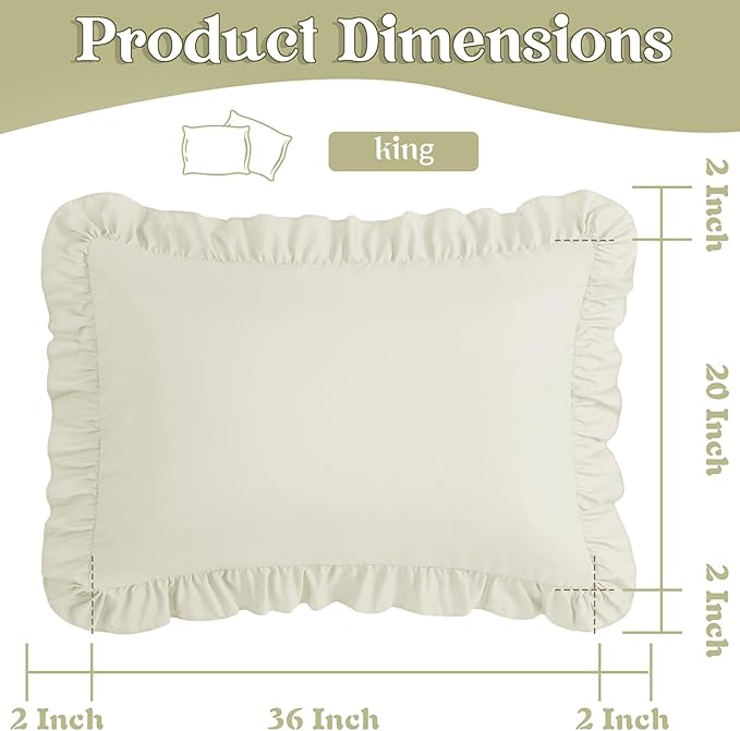 KKJIAF Ruffle Pillow Cases King Size Set of 2, Ruffled Pillow Covers with Envelope Closure, Wrinkle Resistant Ruffled Pillow Shams 20" x 36", Beige