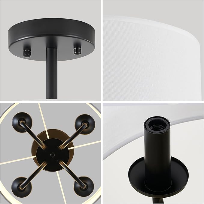Semi Flush Mount Ceiling Light Fixture Black 4-Light Modern Chandelier Ceiling Light Fixtures Mount with White Drum Fabric Shade 12.6 inch Close to Ceiling Lighting for Foyer,Kitchen, Entryway