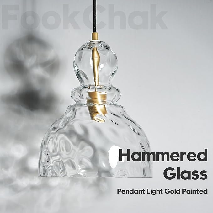 Hammered Glass Pendant Light, Pendant Lights Kitchen Island, Brushed Brass Kitchen Island Light Large 10 inch Gold Glass Ceiling Pendant Lights Over Sink for Hallway Entrance