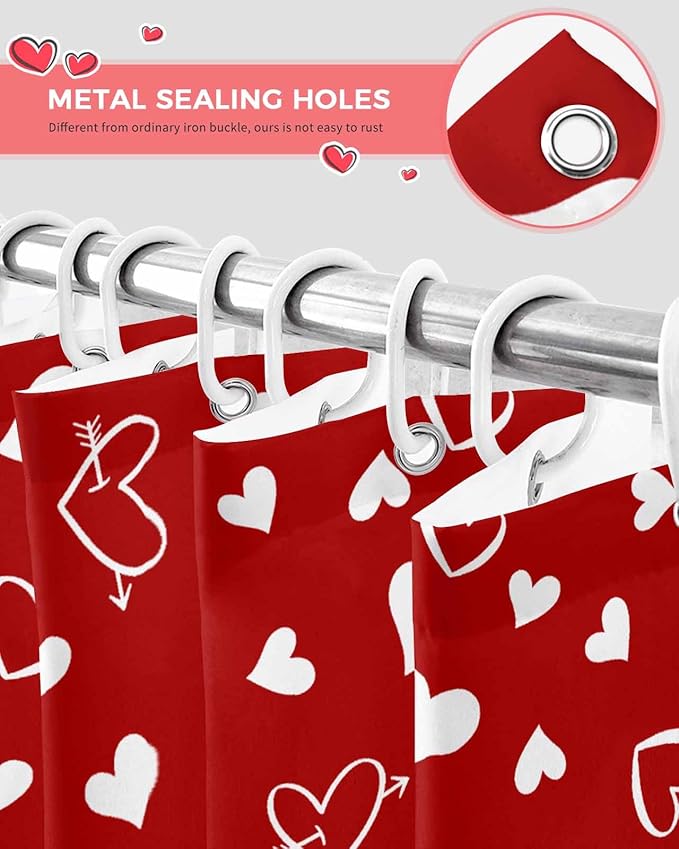 Vandarllin Red hower Curtain, Love Heart Shower Curtains Set with Hooks, Waterproof Fabric Bathroom Curtains Decor Home Accessories, Stall Long 54 X 78 Inch