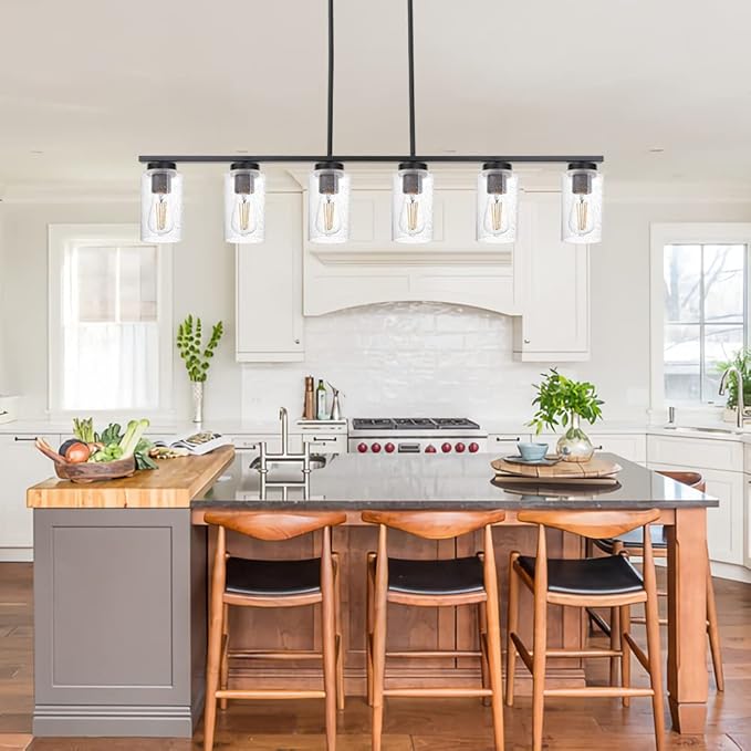 TODOLUZ 6-Lights Kitchen Island Pendant Light Fixture in Black Finish, Linear Hanging Ceiling Lighting Dining Room Chandelier with Seeded Glass Shade