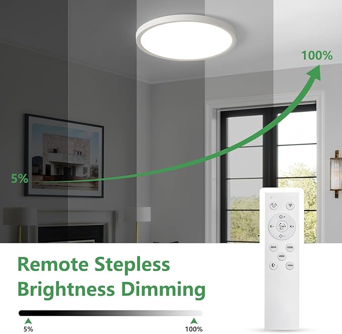 20 Inch Large LED Flush Mount Ceiling Light with Remote, 40W,4350LM, 3000K-6000K Selectable, White Round Flat Panel Low Profile Ceiling Light Fitures for Hallway, Kitchen, Bedroom, Laundry Room