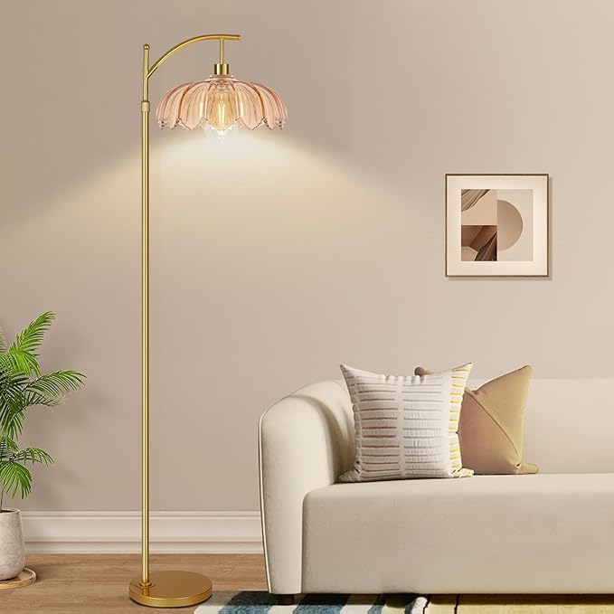 Floor Lamp for Living Room,Bedroom,Gold Dimmable Standing Lamp with Remote,Mid Century Modern Brass Tall Lamp Retro Vintage Green Glass Lamp Floor Light Boho Bohemian