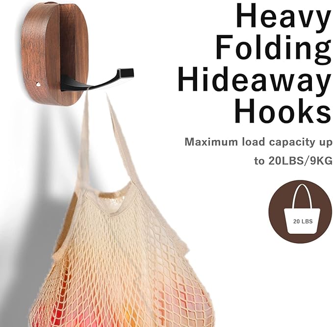 3 Pack Coat Hooks, Wood Wall Hooks Folding for Hanging Coat, Rustic Walnut Wood Hardware Heavy Duty Aluminum Alloy No Rust with Screws for Hat, Bags, Backpack, Purse Fitness Equipment