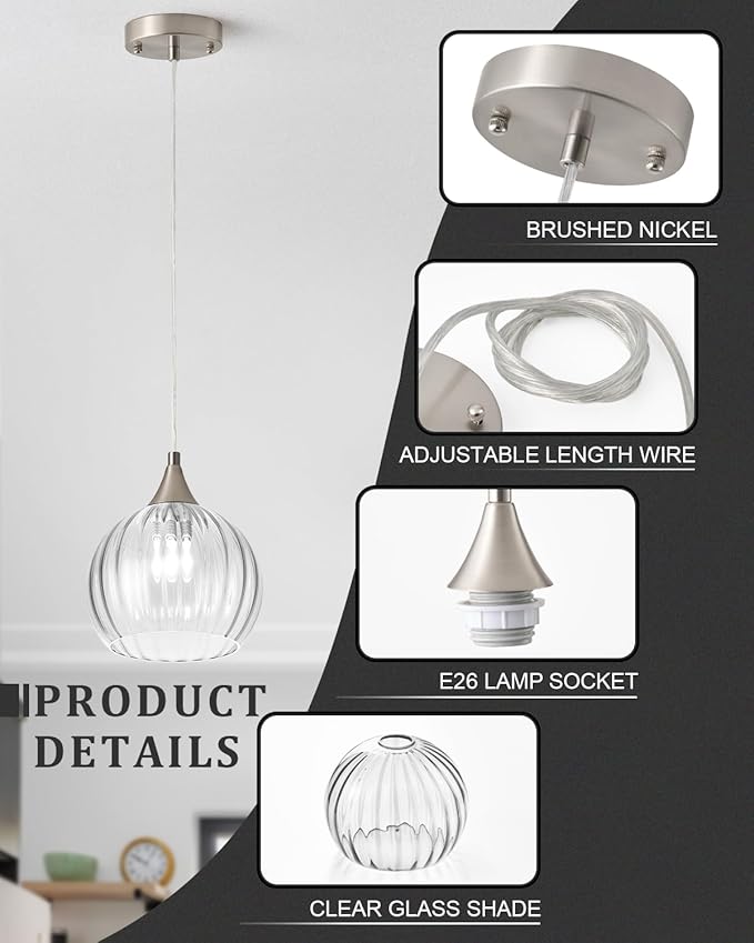 Brushed Nickel Pendant Lights Kitchen Island, Globe Pendant Light Fixtures with 8 Inch Clear Glass Shade, Modern Hanging Light Fixtures for Kitchen, Bedroom (2 Pack - Clear Glass Pendant Light)