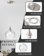 Brushed Nickel Pendant Lights Kitchen Island, Globe Pendant Light Fixtures with 8 Inch Clear Glass Shade, Modern Hanging Light Fixtures for Kitchen, Bedroom (2 Pack - Clear Glass Pendant Light)