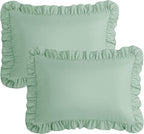 KKJIAF Ruffle Pillow Cases Standard Size Set of 2, Ruffled Pillow Covers with Envelope Closure, Wrinkle Resistant Pillowcases 20" x 26", Ruffled Pillow Shams, Sage Green