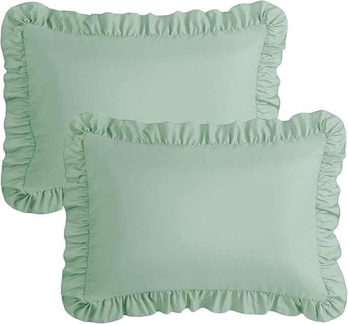 KKJIAF Ruffle Pillow Cases Standard Size Set of 2, Ruffled Pillow Covers with Envelope Closure, Wrinkle Resistant Pillowcases 20" x 26", Ruffled Pillow Shams, Sage Green