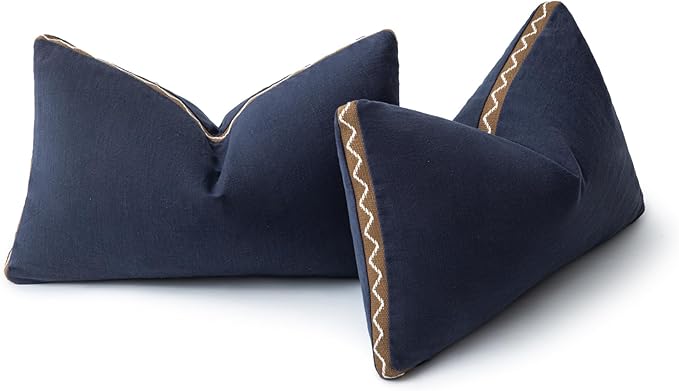 Decorative Neutral Linen Throw Pillow Covers 12x20 Inch Set of 2, Navy Blue Boho Farmhouse Pillow Covers with Braid Fringe for Sofa Bed Modern Couch Pillow Cases for Organic Home Decor
