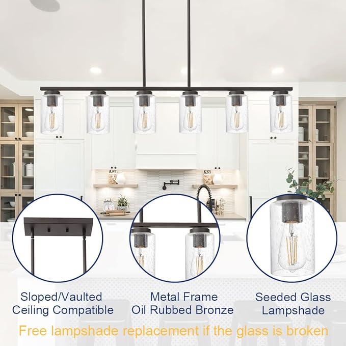 TODOLUZ 6-Lights Farmhouse Chandelier Island Lighting with Seeded Glass Shade, Modern Hanging Ceiling Light Fixtures for Kitchen Bar in Oil Rubbed Bronze