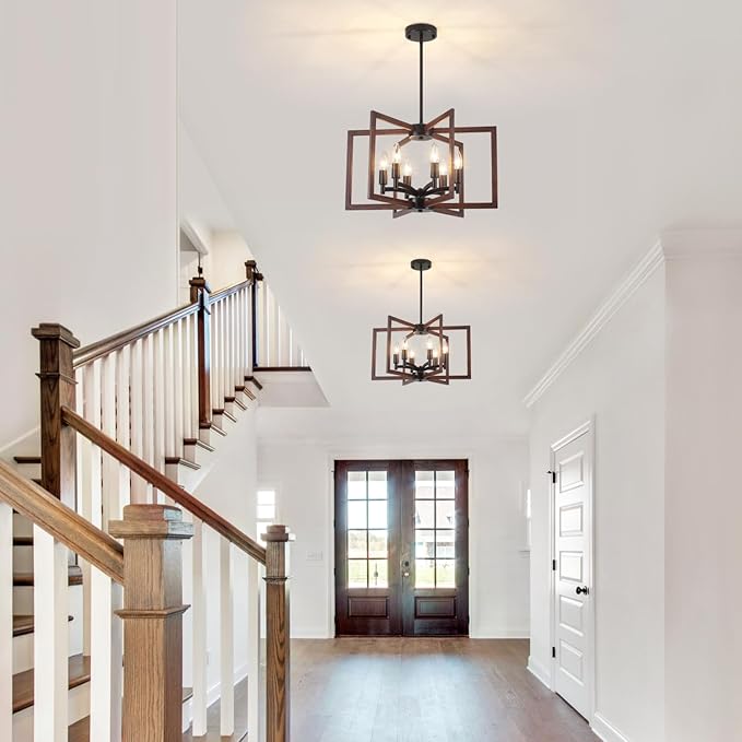 Farmhouse Chandelier Dining Room Light Fixtures,6-Light Kitchen Island Light Rustic Wood Grain Finish Geometric Chandelier for Entryway Stairway Foyer,UL-Listed