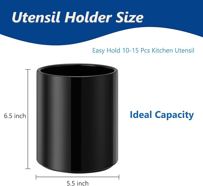 Kitchen Utensil Holder for Countertop, Ceramic Cooking Utensil Holder for Kitchen Counter, Modern Spatula Holder Utensil Organizer, 6.5”H x 5.5”D Black