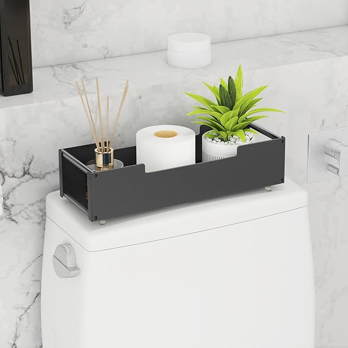 Toilet Tank Basket Topper with Built-In Handle, Back of Toilet Basket for Bathroom, Black