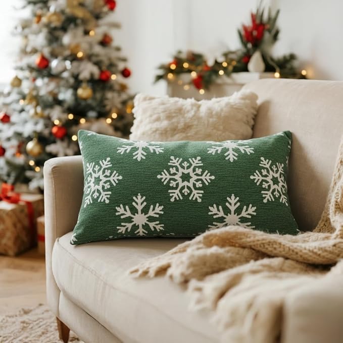 2 Pack Soft Chenille Christmas Reversible Throw Pillow Covers 12x20, Holiday Double-Sided Snowflake & Tree Cushion Cases for Sofa Couch Living Room(Green,20x12)