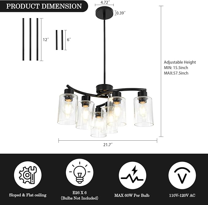 6-Light Modern Chandelier Black Chandeliers for Dining Room Seeded Glass Pendant Lights for Kitchen Island Living Room Foyer Bedroom E26 Base
