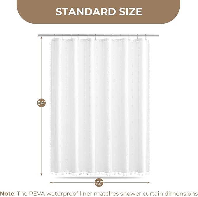 downluxe Linen Texture 3 in 1 Farmhouse Shower Curtain Set with Tassel, Boho Fabric Shower Curtains for Bathroom, White, 72W x 84L