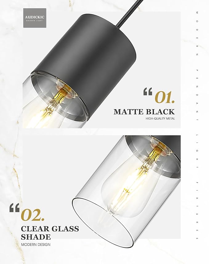 Black Pendant Lights Kitchen Island, Modern Hanging Lights Fixtures with Cylinder Clear Glass, Industrial Kitchen Pendant Lighting Over Island for Dining Room, AD-24023-1P-BK