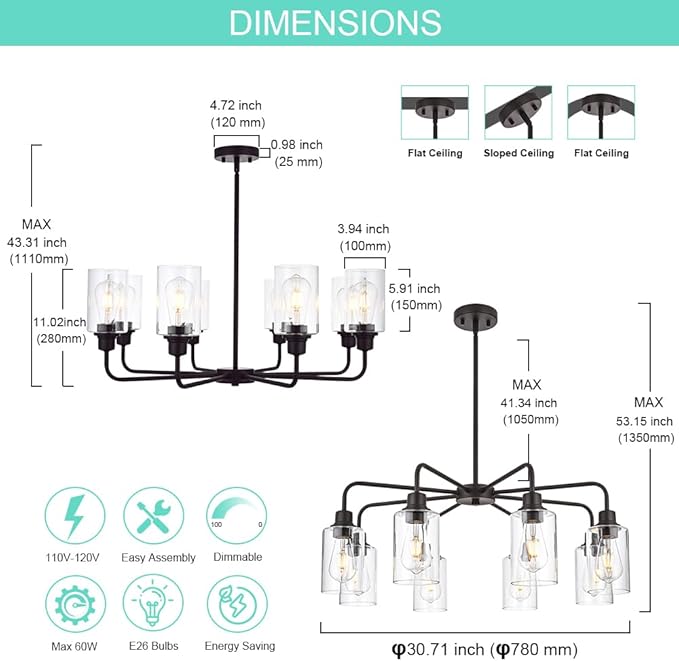 VINLUZ 8-Light Oil-Rubbed Chandelier with Clear Glass Shades, E26 Base Modern Pendant Light Fixture, Adjustable Swivel Heads Ceiling Lighting, Farmhouse Chandelier for Dining Room Kitchen Hallway