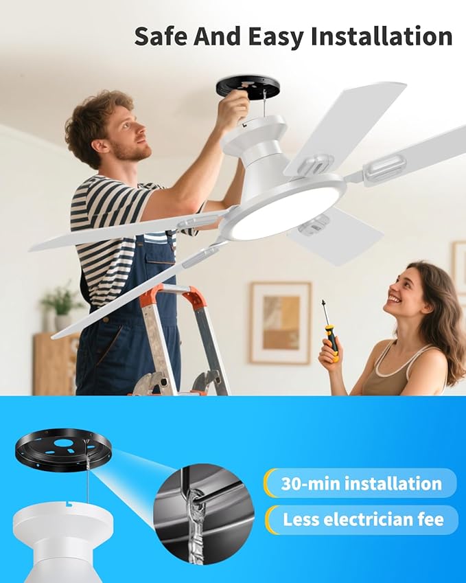 TCL 52" Low Profile Ceiling Fan with Light, Slim, White, Flush Mount, DC Reversible Motor, 6 Speeds, Remote Control, Noiseless, Dimmable, LED Light, 3CCT, Modern Ceiling Fan for Bedroom Living Room