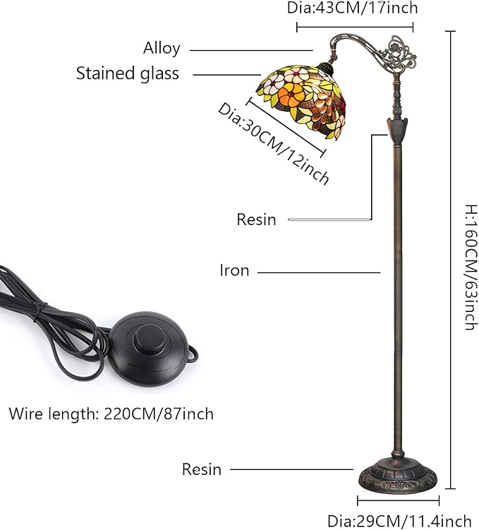 Tiffany Floor Lamp 12 Inch Stained Glass Lamp Purple Retro Handcrafted Adjustable Reading Lamp Suitable For Bedside Bedroom Living Room Office Tiffany Style Antique Home Decoration Art (Grape Flower)