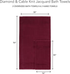 Texere 100% Organic Cotton Diamond Jacquard 700 GSM Luxury Bath Towel Sets - Ultra Soft and Absorbent Hotel and Spa Quality (Diamond, Merlot, 2 Bath & 2 Hand Towels)