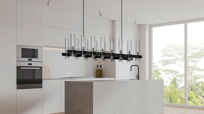 Black Linear Chandelier, 54 Inch 16-Lights Modern Kitchen Island Dining Room Over Table Light Fixture, Industrial Farmhouse Large Pendant Lighting with Glass Shade